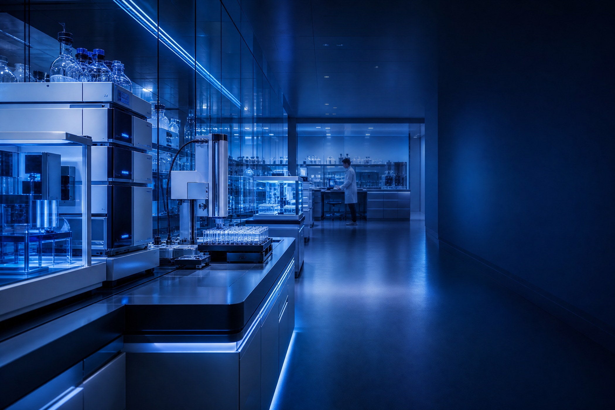 Analytical laboratory equipment in blue lighting
