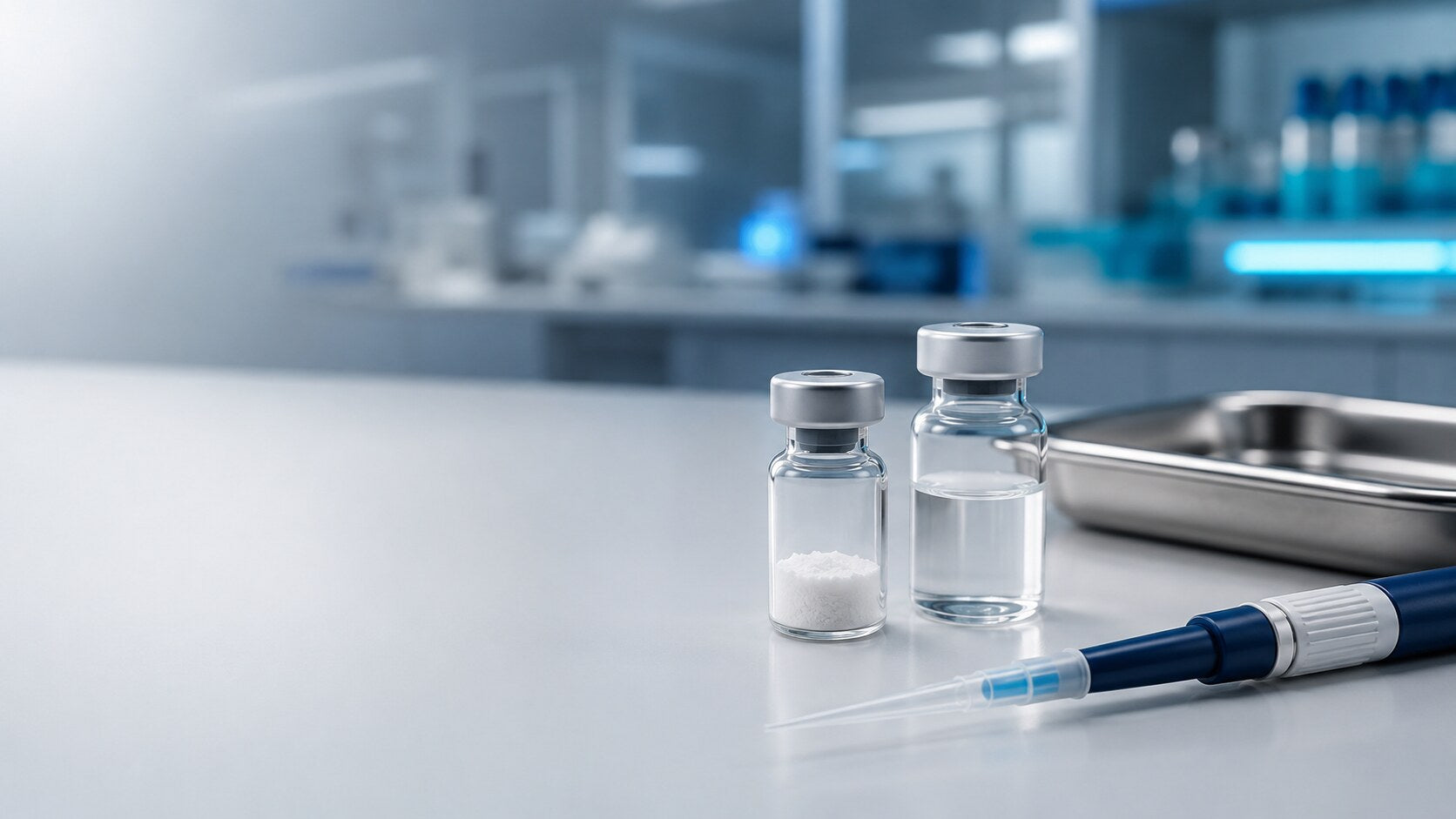 Research vials and a precision pipette on a clean laboratory bench